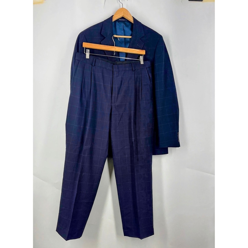 Lands' End Navy Windowpane Check 2-Piece Suit Wool Pleated Pants SZ 42R 34W